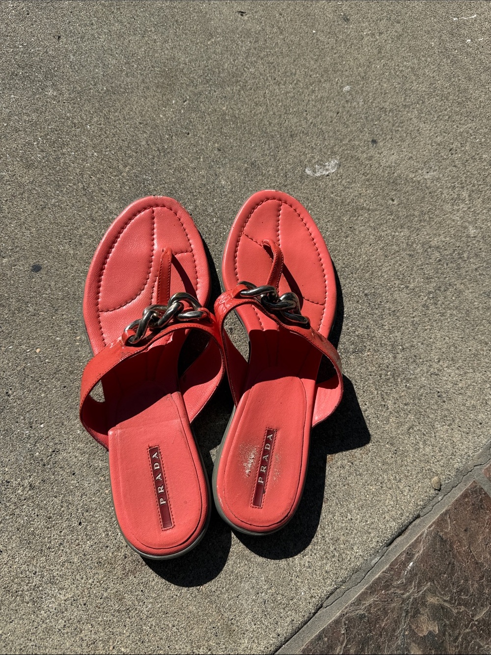 Prada Coral-Red Leather Chain-Accent Thong Sandals size 40.5